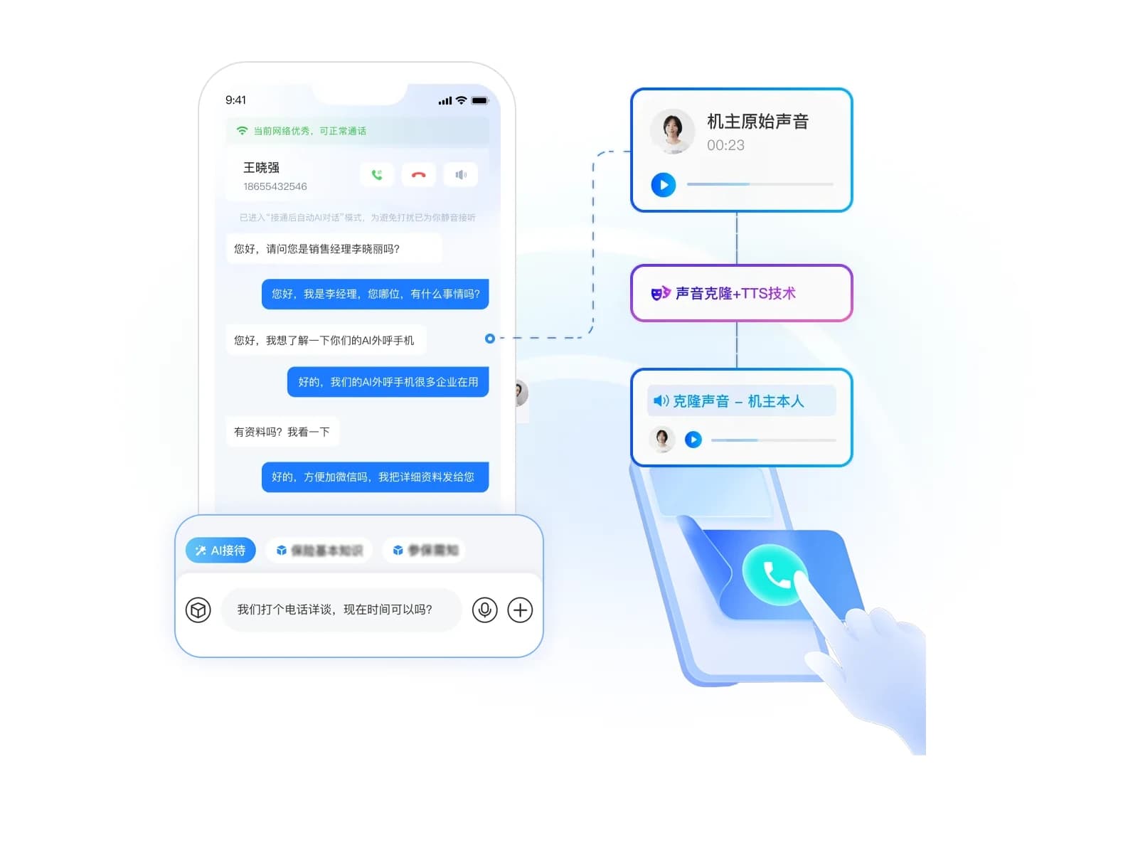 AI外呼:销售分身拨打电话与通话管理界面示意